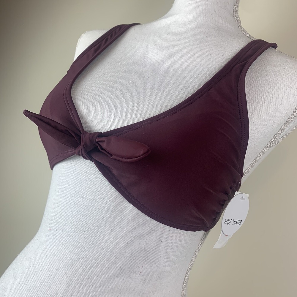 Hot Water Burgundy Front Tie Knot Bikini Top Adjustable Straps Swimsuit Large